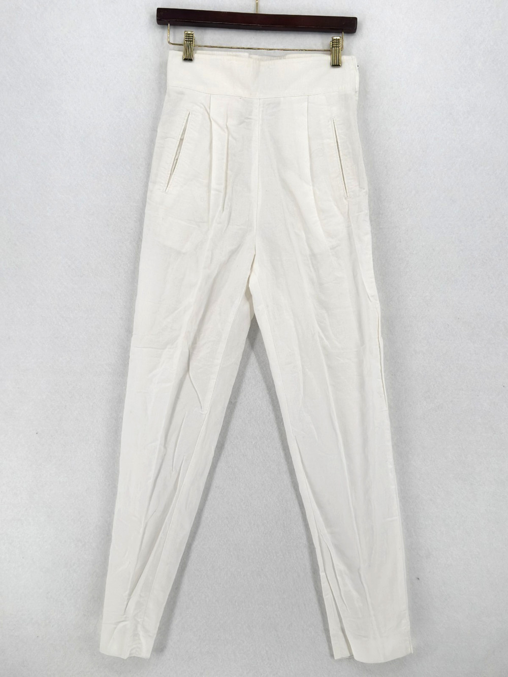Moods by Krizia White Linen Cotton High Rise Pleated Tapered Leg Pants Sz 8